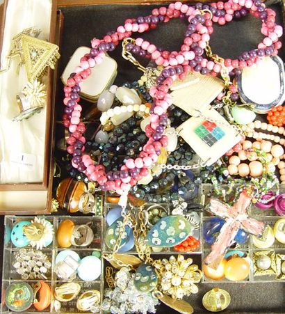 null 1- Lot de bijoux fantaisie : boucles d'oreilles, colliers, broches et diver...
