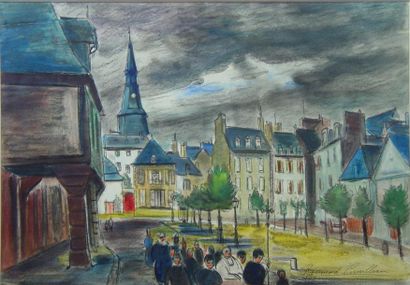 CORNILLEAU Raymond "Procession" Un pastel signé en bas à droite Dim: 40 x 60 cm
