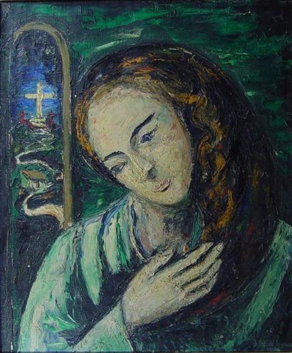 LEJEUNE "Sainte" Huile sur toile signée en bas à droite Dim: 56 x 46 cm