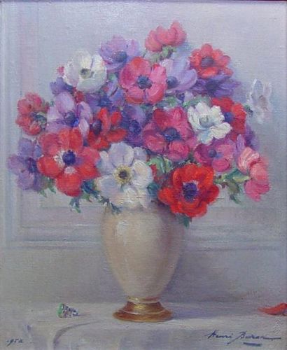 BURON Jenri "Vase de fleurs" Huile sur toile signée en bas à droite Dim: 46 x 38...