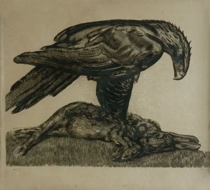 Paul JOUVE (1880-1973) « Aigle enserrant un lièvre, 1930 » Eau forte. Signée et justifiée...