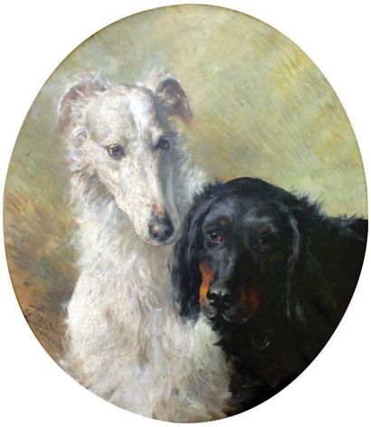E. JOORS (Eugène né en 1850) « Deux chiens en portrait, un setter et un levrier »...