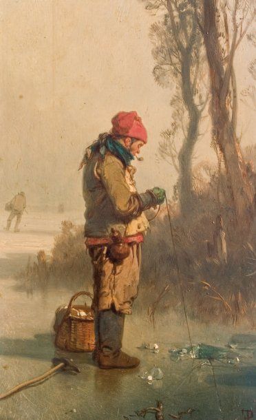 Eugène LE POITTEVIN (1806-1870) « Le pêcheur » Huile sur panneau d'acajou. Signée...