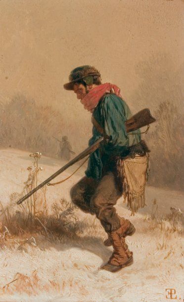 Eugène LE POITTEVIN (1806-1870) « Le chasseur » Huile sur panneau d'acajou. Signée...