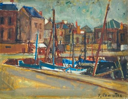 Yves COMMERE (1920-1986) « Voiliers amarrés au port » Huile sur toile. Signée en...