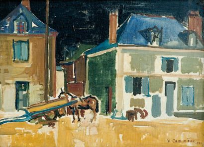 Yves COMMERE (1920-1986) « La place du village, 1953 » Huile sur toile. Signée et...