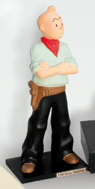 Leblon Delienne Statuette Tintin en Amérique. Résine polychrome 15 cm sur socle numéroté....