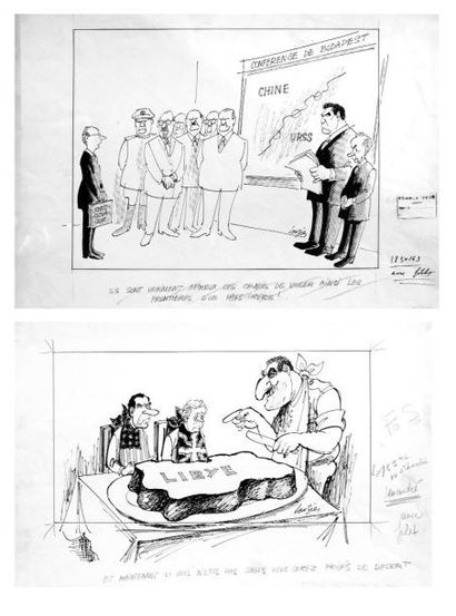GERARD LAUZIER (1932-2008) Deux dessins à l'encre et impression: «Conférence de Budapest»...
