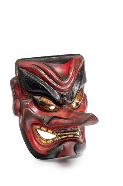 JAPON - Epoque MEIJI (1868 - 1912) 
Masque de gigaku à grand nez de tengu en bois...