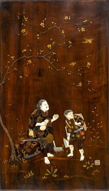JAPON - Epoque MEIJI (1868 - 1912) 
*Paire de panneaux rectangulaires en bois à décor...