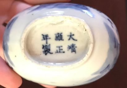 null CHINE - XXe siècle 

Flacon tabatière en porcelaine bleu blanc à décor de personnages...