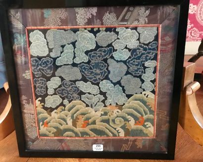 null CHINE - XIXe siècle 

Trois carrés de mandarin en soie brodé. Encadrés