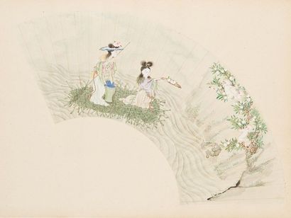 null CHINE - XIXe siècle
Peinture sur éventail, encre et couleurs sur papier, représentant...