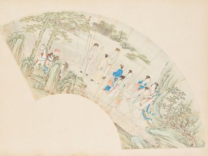 null CHINE - XIXe siècle
Peinture sur éventail, encre et couleurs sur papier, représentant...