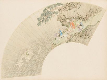 null CHINE - XIXe siècle
Peinture sur éventail, encre et couleurs sur soie, représentant...