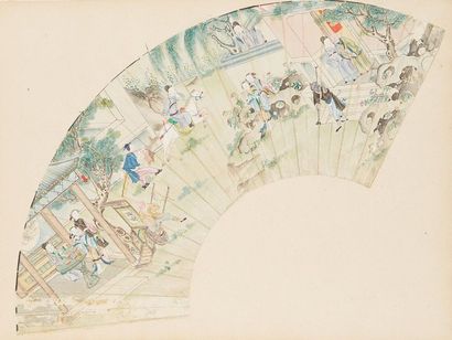 null CHINE - XIXe siècle
Peinture sur éventail, encre et couleurs sur papier, représentant...