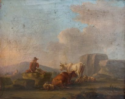 Jean-Michel DIEBOLT (Paris 1779-vers 1825) « Paysage au troupeau » Sur sa toile d'origine....