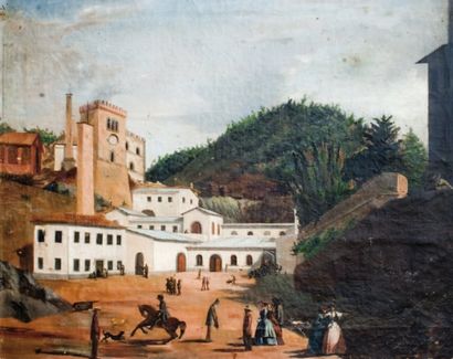 Ecole BRÉSILIENNE début XIXe siècle « Village animé » Huile sur toile. 50 x 62 cm....