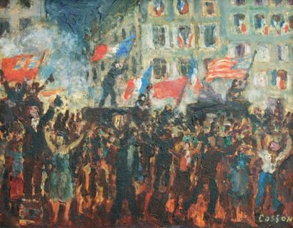 Marcel COSSON (1878-1956) « La fête de la libération » Huile sur panneau, signée...