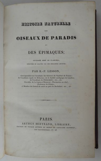LESSON Histoire naturelle des oiseaux de paradis et des Épimaques. Paris, Arthus...