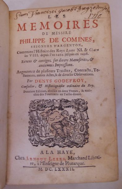 COMINES (Philippe de) The Memoirs. The Hague, Arnout, Leers, 1682. In-12, contemporary...