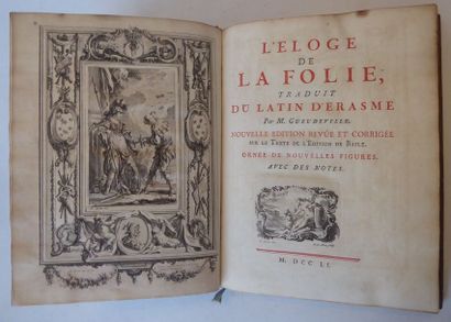 ERASME L'Éloge de la folie. 1751. In-4, veau tacheté, double filet doré en encadrement,...