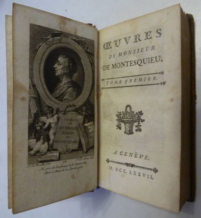 MONTESQUIEU Works. Genève, 1777. 4 vol. in-16, spotted basane, gilt frieze in frame,...