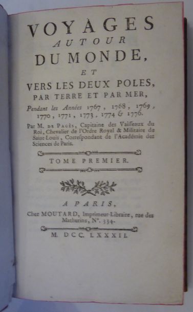 PAGES Travels around the World and to the two poles. Paris, Moutard, 1782. 2 vol....