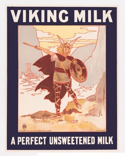 M M. (monogramme) Viking Milk. A perfect Unsweetened milk. Affiche lithographique....