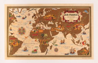 BOUCHER LUCIEN Planisphere Air France Nova and Vetera. 1939. Lithographic poster....