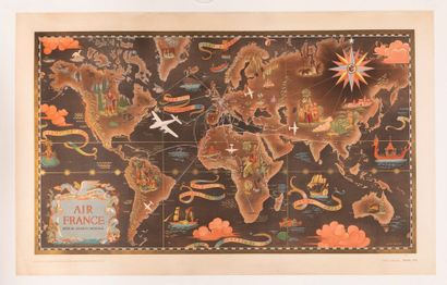 BOUCHER LUCIEN Air France Planisphere. World Air Network. 1948. Lithographic poster....