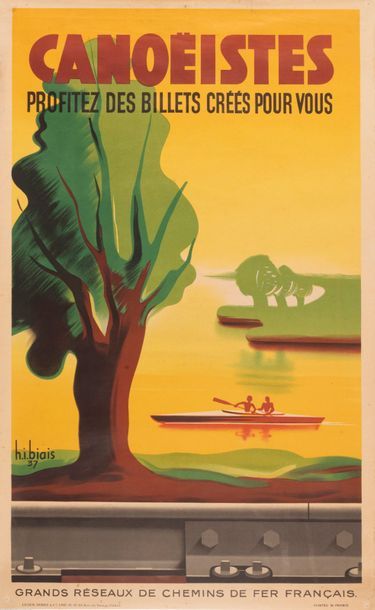I BIAIS Henri Major French Railway Networks. Canoeists. 1937. Lithographic poster....