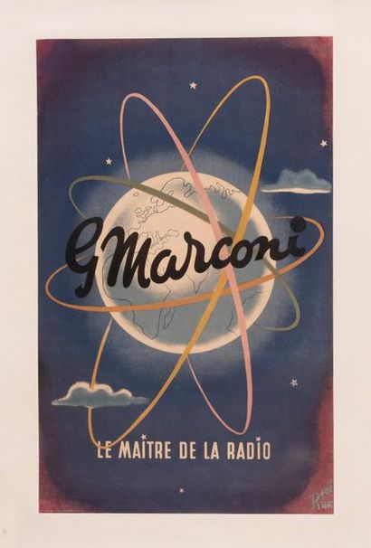 RAVO René. G. Marconi The Master of Radio. Lithographic poster. Imprimerie Karcher...