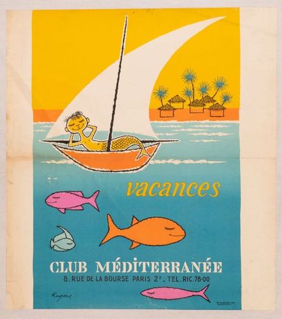 KAGANE Club Méditerranée Holidays. Circa 1950. Rare lithographic poster. Imp. Karcher,...