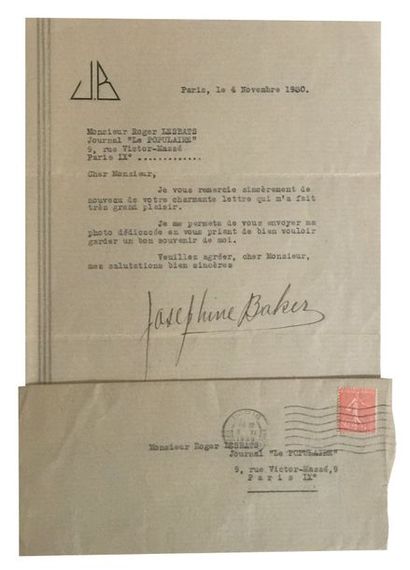 Baker Joséphine Lettre tapuscrite signée et adressée à Frank Elgar le 4 novembre...