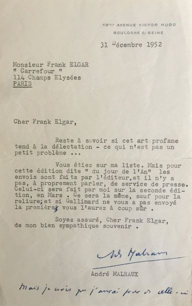 MALRAUX André Lettre tapuscrite signée et adressée le 31 décembre 1952 à Frank Elgar...