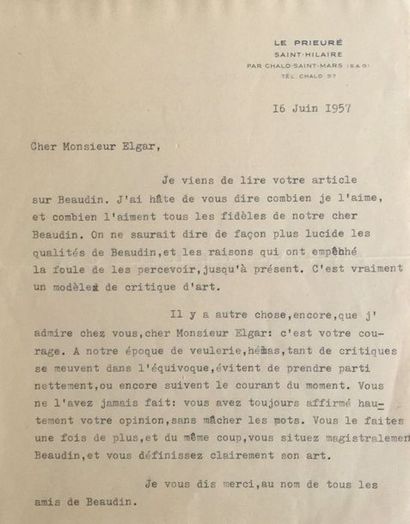 (BEAUDIN André) 
Typed letter signed by Daniel-Henry KAHNWEILER to Frank ELGAR, dated...