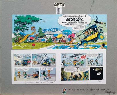null Gaston/Novotel
Dépilant publicitaire dédicacé par Franquin (texte et signature)...