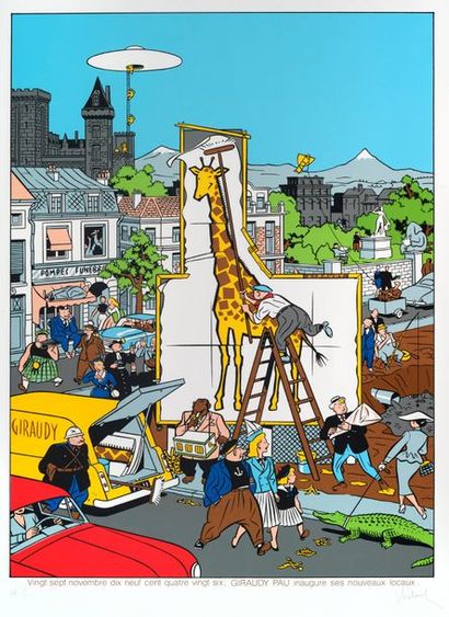CHALAND Sérigraphie
Tirage couleurs représentant une girafe sur une affiche, réalisée...
