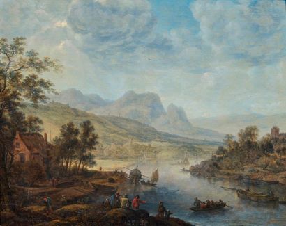 HERMAN SAFTLEVEN (Rotterdam 1609 - Utrecht 1685) 
Paysage de rivière et montagnes
Cuivre
Signé...