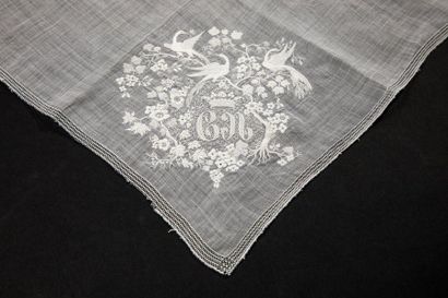 null Large handkerchief in linen threads of hand with a rare plumetis decoration...
