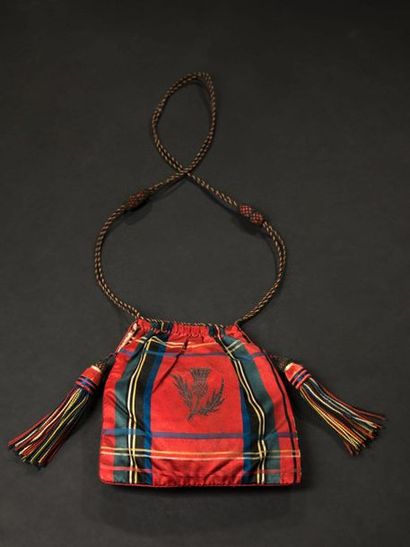 null Small tartan satin bag embroidered on each side with a thistle, symbol of Scotland,...