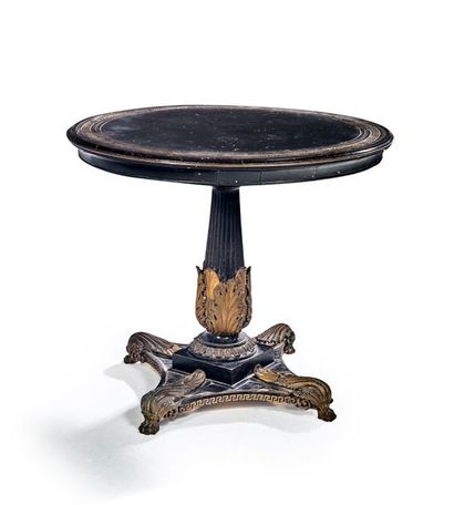 Attribué à Theophil HANSEN (1813-1891) 
Pedestal table in ebony, ebony veneer, blackened...