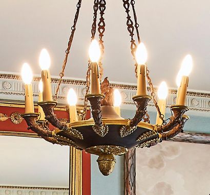 null Antique bronze and brass double-patina lamp-shaped suspension with ten light...
