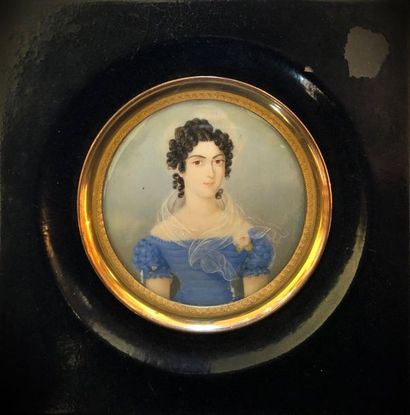 null *Portrait of a woman in a blue silk dress with small balloon sleeves adorned...