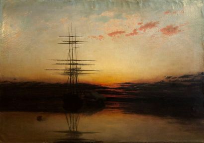Ecole FRANÇAISE, du XIXème siècle 
Sailboat at sunset
Oil on canvas 
107 x 152.5...