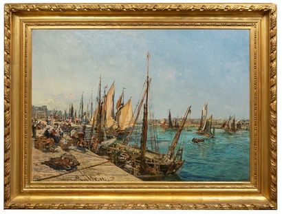 91 Alexandre René VÉRON (1826-1897) 
Port de Boulogne, 1873 
Huile sur toile signée,...
