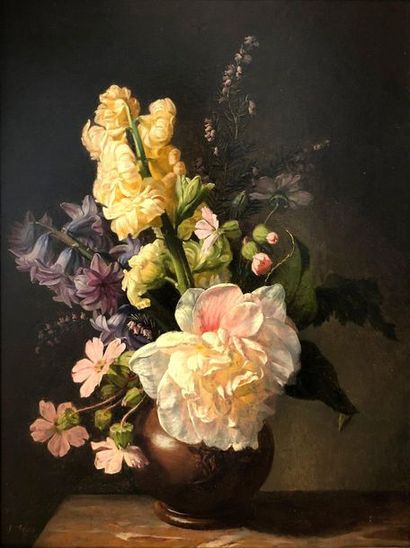 Simon SAINT-JEAN (1808-1860) 
Bouquet de fleurs 
Huile sur panneau signée en bas...