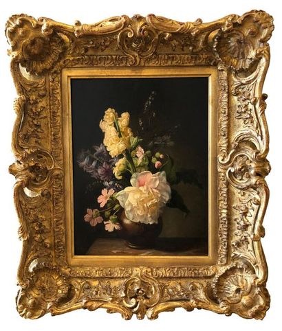 Simon SAINT-JEAN (1808-1860) 
Bouquet de fleurs 
Huile sur panneau signée en bas...