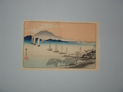 null Estampe de Hiroshige, série des huit vues d'Omi, retour des voiliers à Yabase....